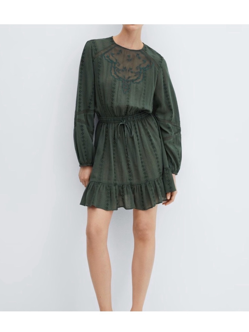 Mango Dark Green Long-Sleeve Drawstring Waist Mini Dress S/4